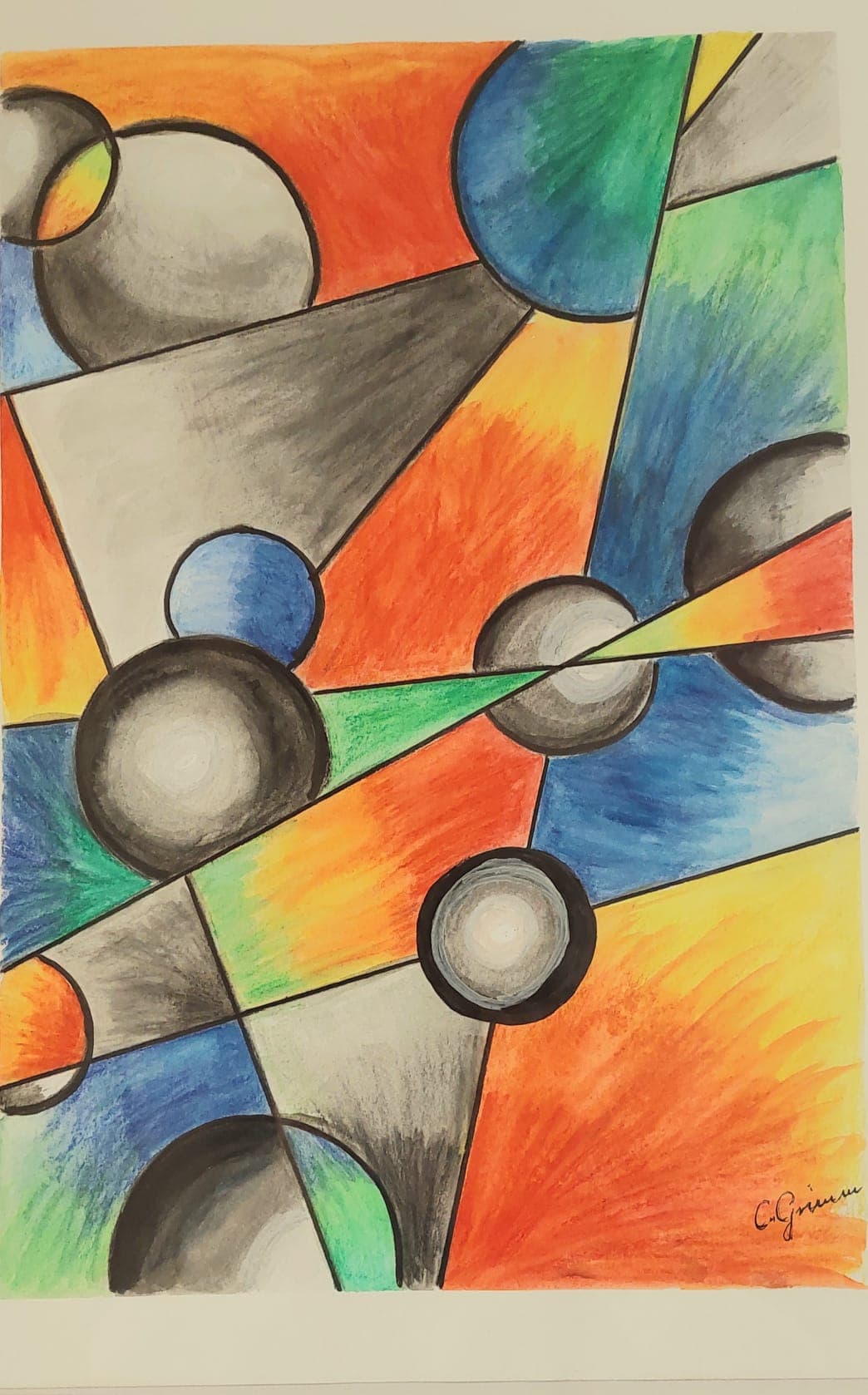 „Kreise“ — Gemälde mit Kugeln auf buntem geometrischem Grund von Claudia Grimm