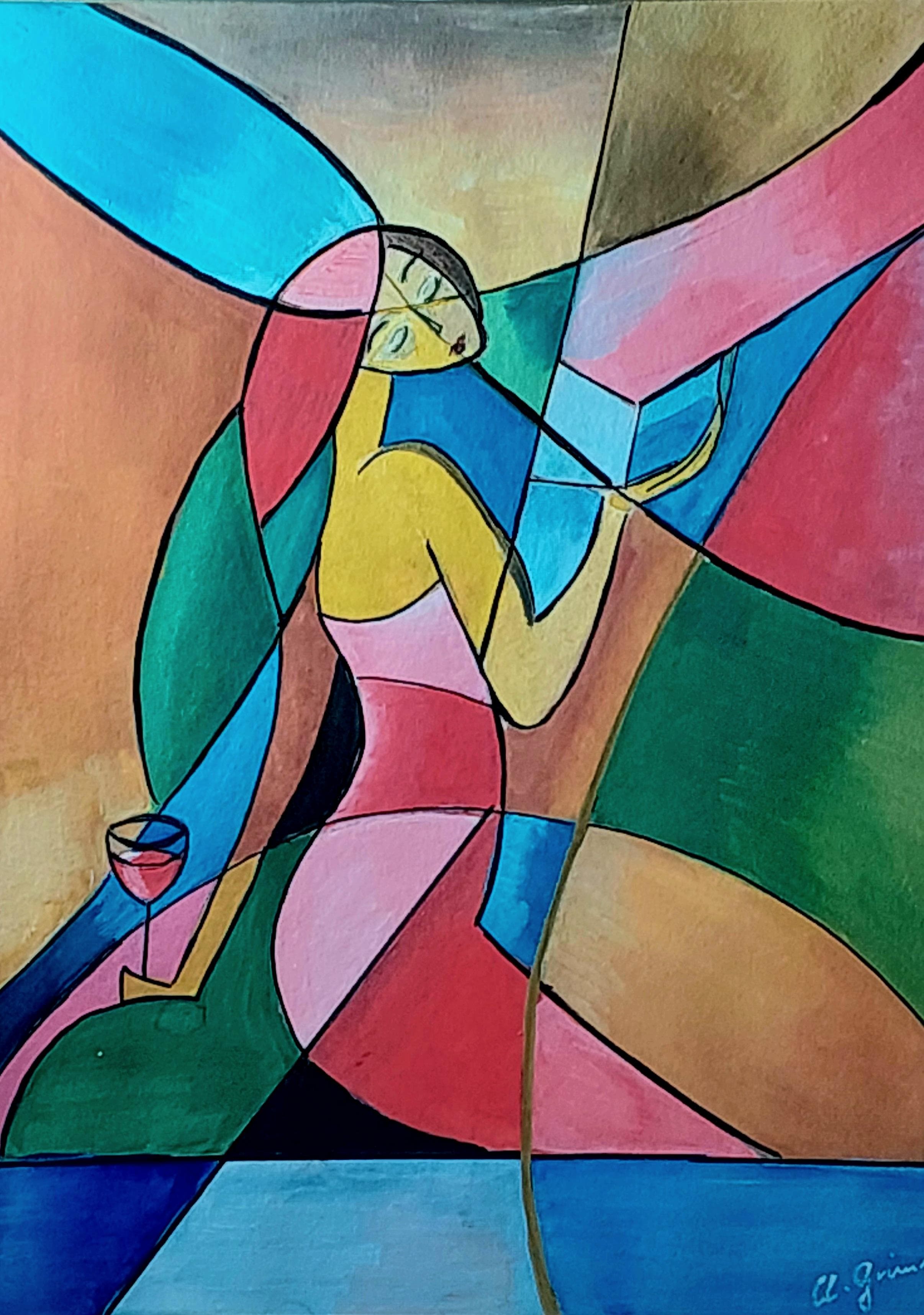 Dame mit Rotwein von Claudia Grimm, Malerei auf Leinwand
